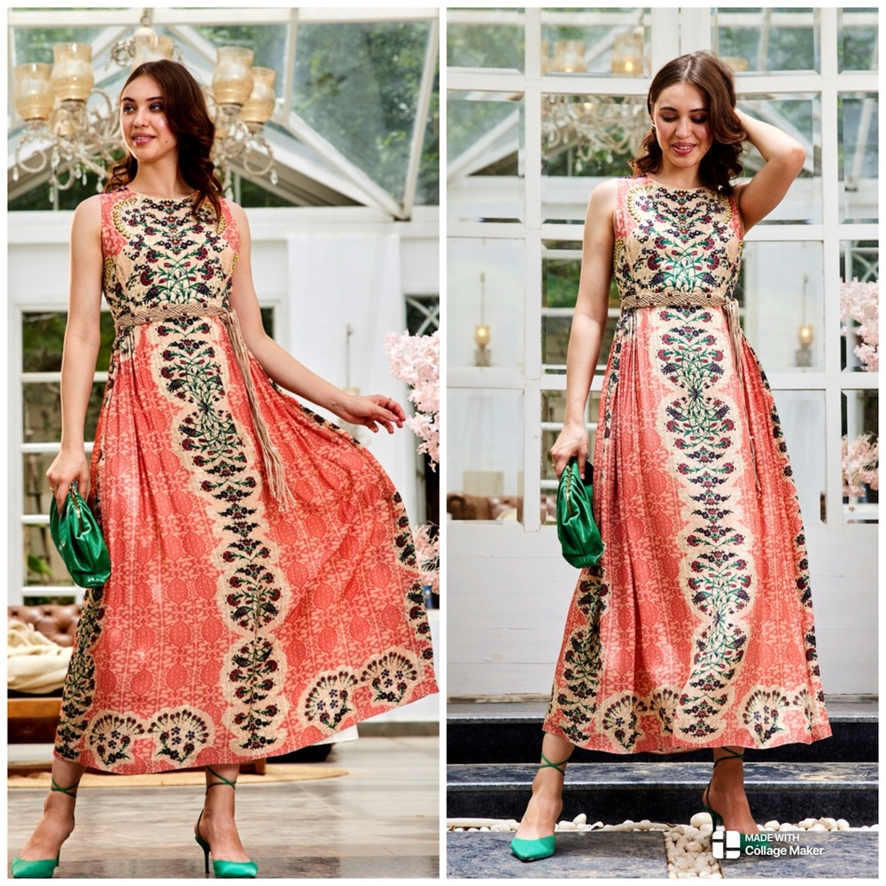 Anthropologie Coral and Cream Floral Maxi Dress